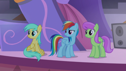 Size: 1920x1080 | Tagged: safe, screencap, character:merry may, character:rainbow dash, character:sunshower raindrops, species:pegasus, species:pony, episode:the summer sun setback, g4, my little pony: friendship is magic, background pony, canterlot, determined look, female, folded wings, grin, looking at someone, night, sitting, smiling, speaker, wings