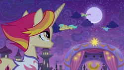 Size: 1920x1080 | Tagged: safe, screencap, character:fire flare, character:merry may, character:rainbow dash, character:sunshower raindrops, species:pegasus, species:pony, species:unicorn, episode:the summer sun setback, g4, my little pony: friendship is magic, background pony, canterlot, castle, cloud, female, flying, grin, looking up, mare, moon, night, smiling, stage