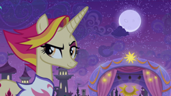 Size: 1920x1080 | Tagged: safe, screencap, character:fire flare, species:pony, species:unicorn, episode:the summer sun setback, g4, my little pony: friendship is magic, canterlot, castle, clothing, cloud, cute, determined, dreamworks face, female, grin, looking back, night, smiling, solo, stage, vest