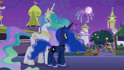 Size: 1920x1080 | Tagged: safe, screencap, character:princess celestia, character:princess luna, species:alicorn, species:pony, episode:the summer sun setback, g4, my little pony: friendship is magic, canterlot, crown, duo, duo female, female, fireworks, folded wings, grin, jewelry, looking up, moon, night, regalia, siblings, sisters, smiling, tree, wings