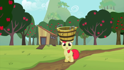 Size: 2000x1124 | Tagged: safe, screencap, character:apple bloom, species:earth pony, species:pony, episode:sisterhooves social, g4, my little pony: friendship is magic, adorabloom, apple, apple orchard, apple tree, basket, chicken coop, cute, female, filly, foal, orchard, raised hoof, solo, tree