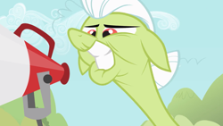 Size: 2000x1125 | Tagged: safe, screencap, character:granny smith, species:pony, episode:sisterhooves social, g4, my little pony: friendship is magic, clenched teeth, faec, female, floppy ears, mare, megaphone, necc, solo