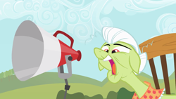 Size: 2000x1125 | Tagged: safe, screencap, character:granny smith, species:pony, episode:sisterhooves social, g4, my little pony: friendship is magic, female, mare, megaphone, open mouth, rocking chair, solo