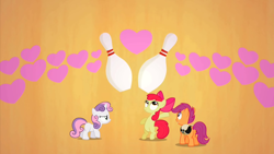 Size: 2000x1124 | Tagged: safe, screencap, character:apple bloom, character:scootaloo, character:sweetie belle, species:earth pony, species:pegasus, species:pony, species:unicorn, episode:the cutie pox, g4, my little pony: friendship is magic, bag, bowling bag, bowling pin, cutie mark crusaders, female, filly, foal, orange background, saddle bag, simple background, trio
