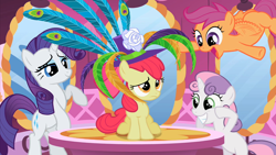 Size: 2874x1618 | Tagged: safe, screencap, character:apple bloom, character:rarity, character:scootaloo, character:sweetie belle, species:earth pony, species:pegasus, species:pony, species:unicorn, episode:the cutie pox, g4, my little pony: friendship is magic, buzzing wings, carousel boutique, clothing, cutie mark crusaders, feather, feathered hat, female, filly, foal, hat, mare, mirror, peacock feathers, raised hoof, wings
