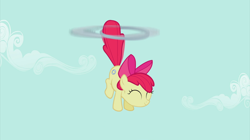 Size: 2880x1618 | Tagged: safe, screencap, character:apple bloom, species:earth pony, species:pony, episode:the cutie pox, g4, my little pony: friendship is magic, eyes closed, female, filly, flying, foal, hoopla, loop-de-hoop, sky, smiling, solo, tailcopter