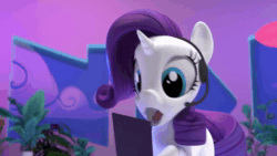 Size: 1280x720 | Tagged: safe, screencap, character:rarity, species:pony, species:unicorn, animated, female, hello pinkie pie, hoof hold, mare, oh my, open mouth, solo, sound, talking, webm