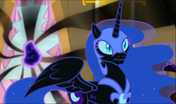 Size: 1598x940 | Tagged: safe, screencap, character:nightmare moon, character:princess luna, character:tantabus, species:alicorn, species:pony, episode:do princesses dream of magic sheep?, armor, beautiful, cropped, cutie mark, dream, ethereal mane, female, frown, helmet, mare, slit pupils, solo, spread wings, wings