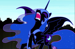 Size: 1440x940 | Tagged: safe, screencap, character:nightmare moon, character:princess luna, episode:do princesses dream of magic sheep?, cropped, flying, open mouth, screaming, sharp teeth, solo, teeth