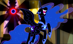 Size: 1533x942 | Tagged: safe, screencap, character:nightmare moon, character:princess luna, episode:do princesses dream of magic sheep?, cropped, evil laugh, flying, laughing, solo