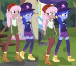 Size: 951x822 | Tagged: safe, screencap, my little pony:equestria girls, bandana, clothing, cropped, duo focus, female, hat, lesbian, raspberry lilac, shipping, shorts, space camp (character), spacelilac, tank top, walking, walking together, zettai ryouiki