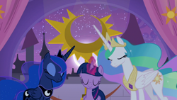 Size: 1920x1080 | Tagged: safe, screencap, character:princess celestia, character:princess luna, character:twilight sparkle, character:twilight sparkle (alicorn), species:alicorn, species:pony, episode:the summer sun setback, g4, my little pony: friendship is magic, canterlot, crown, ethereal mane, eyes closed, eyeshadow, female, festival of the two sisters, flowing mane, flowing tail, folded wings, glowing horn, horn, jewelry, magic, makeup, mare, moon, multicolored hair, peytral, regalia, royal sisters, siblings, sisters, summer sun celebration, trio, wings
