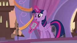 Size: 1920x1080 | Tagged: safe, screencap, character:twilight sparkle, character:twilight sparkle (alicorn), species:alicorn, species:pony, episode:the summer sun setback, g4, my little pony: friendship is magic, curtains, cute, female, folded wings, microphone, open mouth, solo, speakers, stage, talking, twiabetes, wings