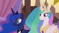 Size: 1920x1080 | Tagged: safe, screencap, character:princess celestia, character:princess luna, species:alicorn, species:pony, episode:the summer sun setback, g4, my little pony: friendship is magic, chestplate, confused, crown, duo, ethereal mane, eyeshadow, female, flowing mane, folded wings, frown, galaxy mane, jewelry, makeup, mare, multicolored hair, peytral, regalia, royal sisters, siblings, sisters