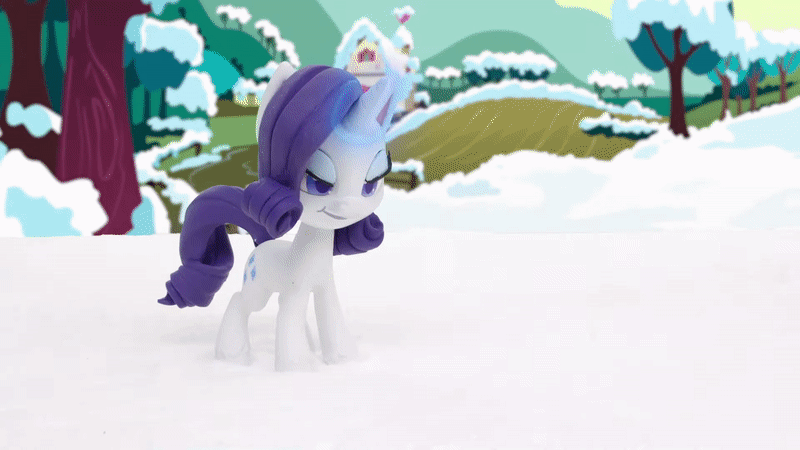 Size: 800x450 | Tagged: safe, screencap, character:rarity, character:twilight sparkle, character:twilight sparkle (alicorn), species:alicorn, species:pony, species:unicorn, g4.5, my little pony: stop motion short, my little pony:pony life, animated, gif, looking at each other, magic, outdoors, snow, snowball, snowball fight, snowball fight (short), speed lines, split screen, stop motion, telekinesis, tree, wings