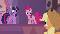 Size: 1920x1080 | Tagged: safe, screencap, character:applejack, character:pinkie pie, character:twilight sparkle, character:twilight sparkle (alicorn), species:alicorn, species:pony, episode:the summer sun setback, g4, my little pony: friendship is magic, speakers, stage