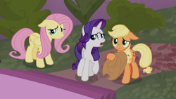 Size: 1920x1080 | Tagged: safe, screencap, character:applejack, character:fluttershy, character:rarity, episode:the summer sun setback, g4, my little pony: friendship is magic, floppy ears, hat off