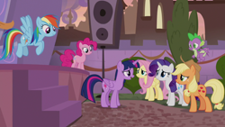 Size: 1920x1080 | Tagged: safe, screencap, character:applejack, character:fluttershy, character:pinkie pie, character:rainbow dash, character:rarity, character:spike, character:twilight sparkle, character:twilight sparkle (alicorn), species:alicorn, species:dragon, species:pony, episode:the summer sun setback, g4, my little pony: friendship is magic, mane seven, mane six, speakers, stage, winged spike