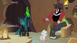 Size: 1920x1080 | Tagged: safe, screencap, character:cozy glow, character:lord tirek, character:queen chrysalis, species:centaur, species:changeling, species:pegasus, species:pony, episode:the summer sun setback, g4, my little pony: friendship is magic, chair, changeling queen, cloven hooves, evil lair, female, filly, foal, glowing horn, grogar's lair, horn, lair, magic, male, nose piercing, nose ring, piercing, sitting, telekinesis, torch, trio