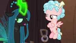 Size: 1920x1080 | Tagged: safe, screencap, character:cozy glow, character:queen chrysalis, species:changeling, species:pegasus, species:pony, episode:the summer sun setback, g4, my little pony: friendship is magic, changeling queen, crossed arms, duo, female, filly, flying, foal, glowing horn, horn, looking sideways
