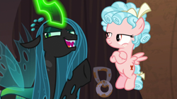 Size: 1920x1080 | Tagged: safe, screencap, character:cozy glow, character:queen chrysalis, species:changeling, species:pegasus, species:pony, episode:the summer sun setback, g4, my little pony: friendship is magic, changeling queen, crossed arms, duo, female, filly, flying, foal, glowing horn, horn, open mouth, raised hoof