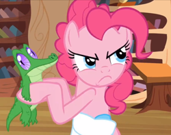 Size: 754x593 | Tagged: safe, screencap, character:gummy, character:pinkie pie, species:earth pony, species:pony, episode:just for sidekicks, g4, my little pony: friendship is magic, angry, book, bookshelf, golden oaks library, holding, squint