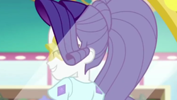 Size: 1280x720 | Tagged: safe, screencap, character:rarity, equestria girls:spring breakdown, g4, my little pony:equestria girls, alternate hairstyle, beautiful, clothing, female, glasses, grin, lidded eyes, mirror, ponytail, reflection, smiling, solo, stupid sexy rarity, sunglasses, teenager