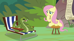 Size: 1920x1080 | Tagged: safe, screencap, character:fluttershy, species:pegasus, species:pony, episode:she talks to angel, g4, my little pony: friendship is magic, animal, antoine, chair, duo, female, lawn chair, mare, python, sitting, snake, stool