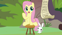 Size: 1920x1080 | Tagged: safe, screencap, character:angel bunny, character:fluttershy, species:pony, species:rabbit, episode:she talks to angel, g4, my little pony: friendship is magic, animal, checklist, duo, female, male, mare, raised hoof, sitting, smiling, stool