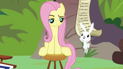Size: 1920x1080 | Tagged: safe, screencap, character:angel bunny, character:fluttershy, species:pony, species:rabbit, episode:she talks to angel, g4, my little pony: friendship is magic, animal, checklist, duo, female, jumping, male, mare, raised eyebrow, sitting, stool