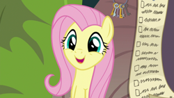 Size: 1920x1080 | Tagged: safe, screencap, character:fluttershy, species:pony, episode:she talks to angel, g4, my little pony: friendship is magic, checklist, cute, female, key, key ring, long list, mare, shyabetes, solo