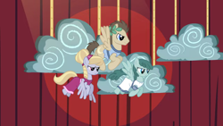 Size: 2000x1124 | Tagged: safe, screencap, character:cloud kicker, character:mane moon, character:spring melody, character:sprinkle medley, species:pegasus, species:pony, episode:hearth's warming eve, g4, my little pony: friendship is magic, background pony, clothing, cloud, crescent pony, dress, female, flying, frown, laurel wreath, male, mare, pegasus tribe, play, rope, stallion, trio