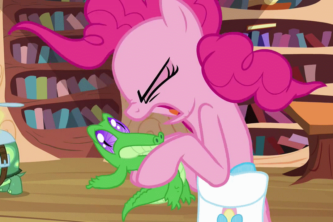 Size: 1077x720 | Tagged: safe, screencap, character:gummy, character:pinkie pie, character:tank, episode:just for sidekicks, g4, my little pony: friendship is magic, animated, golden oaks library, library, yelling
