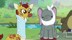 Size: 1920x1080 | Tagged: safe, screencap, character:clementine, character:muriel, episode:she talks to angel, g4, my little pony: friendship is magic, bear, chair, cute, elephant, female, giraffe, neck brace, offscreen character, prone, sitting, smiling