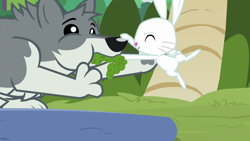 Size: 1920x1080 | Tagged: safe, screencap, character:angel bunny, species:rabbit, species:wolf, episode:she talks to angel, g4, my little pony: friendship is magic, animal, duo, eyes closed, female, force feeding, male, sandra