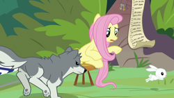 Size: 1920x1080 | Tagged: safe, screencap, character:angel bunny, character:fluttershy, species:pony, species:rabbit, species:wolf, episode:she talks to angel, g4, my little pony: friendship is magic, animal, chase, checklist, female, key, key ring, male, mare, sandra, stool