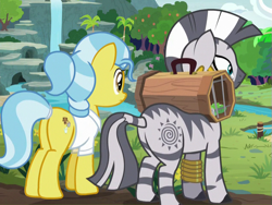 Size: 635x478 | Tagged: safe, screencap, character:doctor fauna, character:zecora, species:earth pony, species:pony, species:zebra, episode:she talks to angel, g4, my little pony: friendship is magic, butt, cage, clothing, cropped, duo, duo female, female, frown, leg rings, looking at something, mare, plot, ponytail, shrunken pupils, tree, waterfall