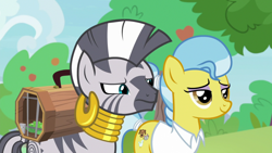 Size: 1920x1080 | Tagged: safe, screencap, character:doctor fauna, character:zecora, species:earth pony, species:pony, species:zebra, episode:she talks to angel, g4, my little pony: friendship is magic, cage, clothing, cute, eyeshadow, female, grin, lidded eyes, looking at something, makeup, ponytail, purple eyeshadow, smiling, squint, tree
