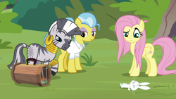 Size: 1920x1080 | Tagged: safe, screencap, character:angel bunny, character:doctor fauna, character:fluttershy, character:zecora, species:earth pony, species:pegasus, species:pony, species:rabbit, species:zebra, episode:she talks to angel, g4, my little pony: friendship is magic, animal, ear piercing, earring, female, fire lizard, jewelry, leg rings, lizard, male, mare, messy mane, neck rings, piercing