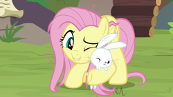 Size: 1920x1080 | Tagged: safe, screencap, character:angel bunny, character:fluttershy, species:pegasus, species:pony, species:rabbit, episode:she talks to angel, g4, my little pony: friendship is magic, animal, cheek to cheek, duo, female, male, mare, messy mane, one eye closed