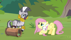 Size: 1920x1080 | Tagged: safe, screencap, character:angel bunny, character:fluttershy, character:zecora, species:pegasus, species:pony, species:rabbit, species:zebra, episode:she talks to angel, g4, my little pony: friendship is magic, animal, cage, ear piercing, earring, female, jewelry, leg rings, male, mare, messy mane, neck rings, open mouth, piercing