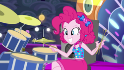 Size: 1920x1080 | Tagged: safe, screencap, character:pinkie pie, equestria girls:spring breakdown, g4, my little pony:equestria girls, all good (song), bow, clothing, cloud, collar, dress, drums, drumsticks, female, geode of sugar bombs, hair bow, heart, magical geodes, midriff, musical instrument, sitting, skirt, sleeveless, smiling, solo, stage, stereo