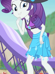 Size: 800x1080 | Tagged: safe, screencap, character:rarity, equestria girls:forgotten friendship, g4, my little pony:equestria girls, beach chair, beach hat, beach umbrella, belly button, bikini, bikini top, clothing, cropped, cute, diamond, female, forest background, geode of shielding, jewelry, laughing, legs, looking down, magical geodes, midriff, mountain, necklace, raribetes, sarong, skirt, sleeveless, smiling, solo, swimsuit