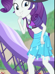 Size: 797x1080 | Tagged: safe, screencap, character:rarity, equestria girls:forgotten friendship, g4, my little pony:equestria girls, beach chair, beach hat, beach umbrella, belly button, bikini, bikini top, clothing, cropped, cute, diamond, female, forest background, geode of shielding, jewelry, laughing, legs, looking down, magical geodes, midriff, mountain, necklace, raribetes, sarong, sleeveless, smiling, solo, swimsuit