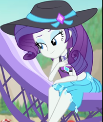 Size: 862x1020 | Tagged: safe, screencap, character:rarity, equestria girls:forgotten friendship, g4, my little pony:equestria girls, beach, beach chair, beach hat, beach umbrella, bikini, bikini top, clothing, cropped, cute, diamond, female, forest background, geode of shielding, jewelry, legs, lidded eyes, looking down, magical geodes, midriff, mountain, necklace, raribetes, sarong, sitting, sleeveless, smiling, solo, swimsuit