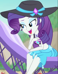 Size: 834x1053 | Tagged: safe, screencap, character:rarity, equestria girls:forgotten friendship, g4, my little pony:equestria girls, beach, beach chair, beach hat, beach umbrella, bikini, bikini top, clothing, cropped, cute, female, forest background, geode of shielding, jewelry, legs, lidded eyes, looking down, magical geodes, midriff, mountain, necklace, raribetes, sarong, sitting, smiling, solo, swimsuit