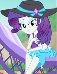 Size: 817x1061 | Tagged: safe, screencap, character:rarity, equestria girls:forgotten friendship, g4, my little pony:equestria girls, beach, beach chair, beach hat, beach umbrella, bikini, bikini top, clothing, cropped, cute, diamond, female, forest background, geode of shielding, jewelry, legs, lidded eyes, looking down, magical geodes, midriff, mountain, necklace, raribetes, sarong, sitting, sleeveless, smiling, solo, swimsuit
