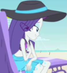Size: 819x883 | Tagged: safe, screencap, character:rarity, equestria girls:forgotten friendship, g4, my little pony:equestria girls, beach chair, beach hat, bikini, bikini top, clothing, cloud, cropped, cute, diamond, female, geode of shielding, jewelry, lidded eyes, magical geodes, midriff, necklace, raribetes, sarong, sitting, sky, sleeveless, smiling, swimsuit, wave