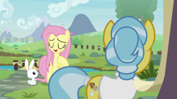 Size: 1920x1080 | Tagged: safe, screencap, character:angel bunny, character:doctor fauna, character:fluttershy, species:earth pony, species:pegasus, species:pony, species:rabbit, episode:she talks to angel, g4, my little pony: friendship is magic, animal, eyes closed, female, hoof on chest, male, mare, messy mane