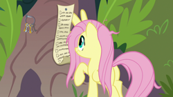 Size: 1920x1080 | Tagged: safe, screencap, character:fluttershy, species:pegasus, species:pony, episode:she talks to angel, g4, my little pony: friendship is magic, butt, checklist, female, key, key ring, mare, messy mane, messy tail, plot, raised hoof, solo